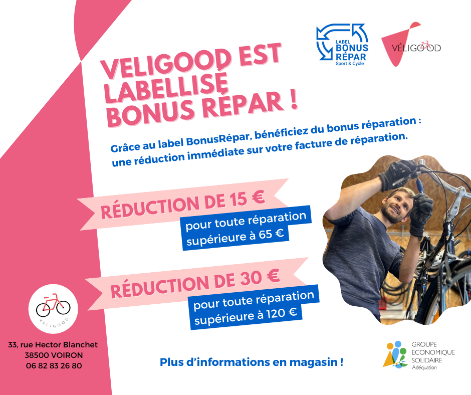 veligood labellisé bonus repar pour la réparation de votre vélo : -15 à -30€ sur votre facture !